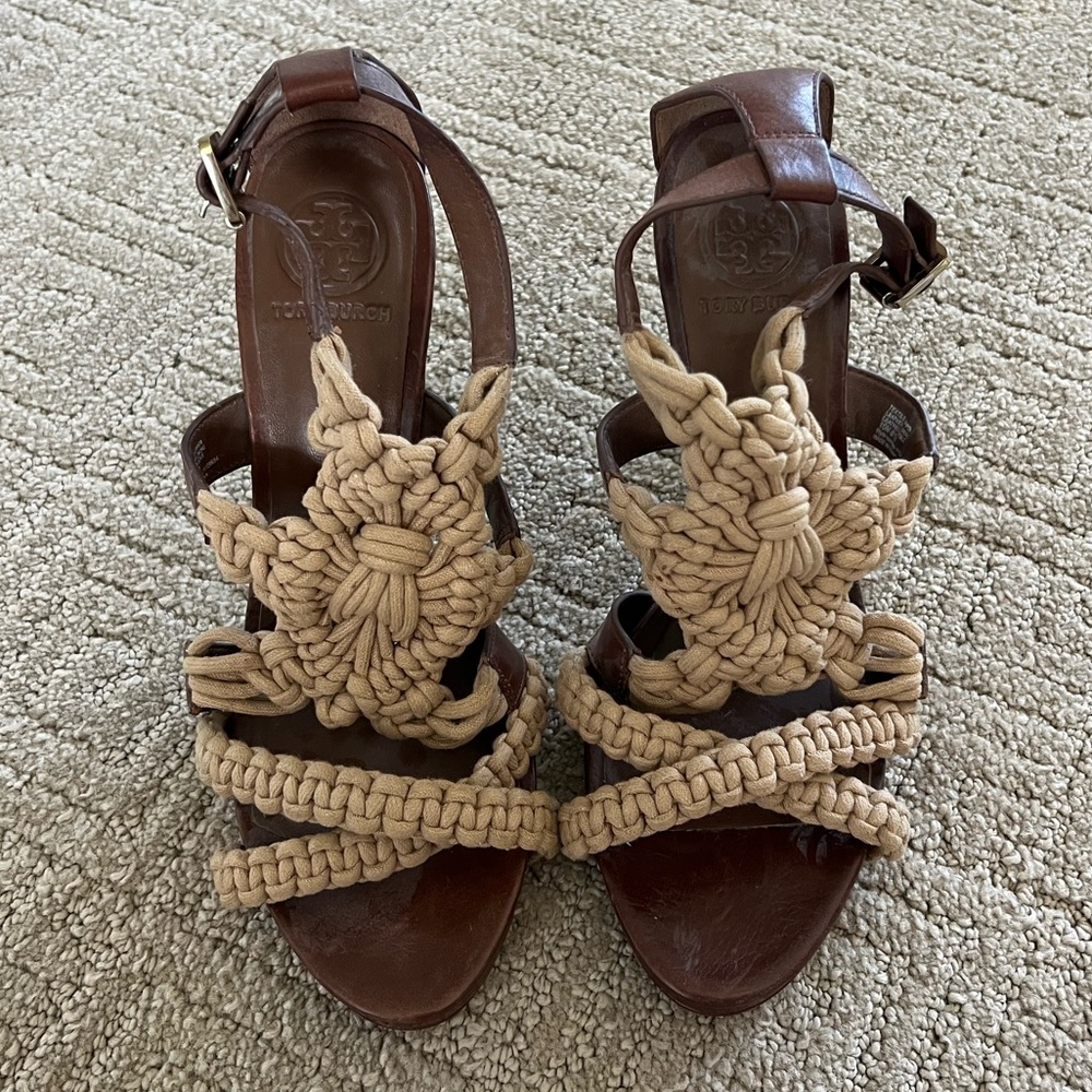 Tory Burch Natural Fleur Jute Rope & Leather Sandals